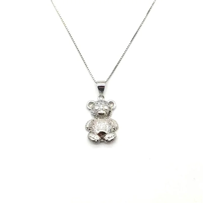 Playful 925 Sterling Silver Pavé Teddy Bear Pendant Necklace