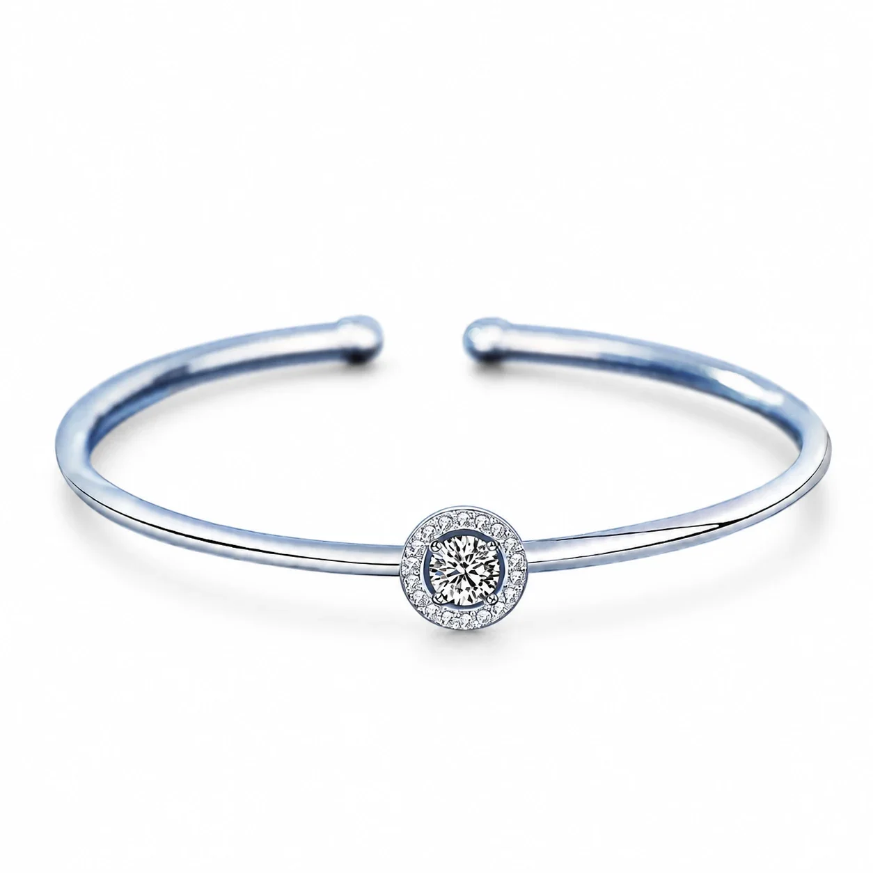 Halo 925 Sterling Silver Round Moissanite Open Cuff Bangle