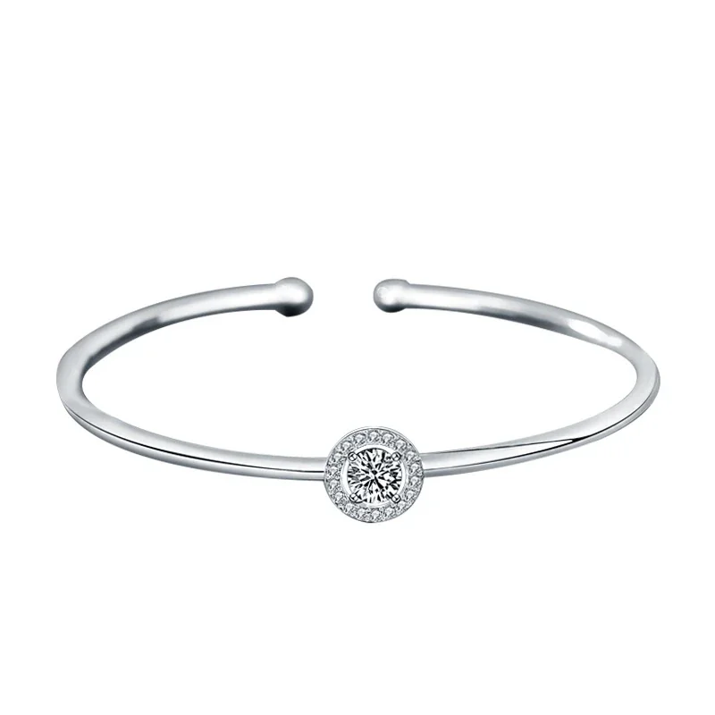 Halo 925 Sterling Silver Round Moissanite Open Cuff Bangle