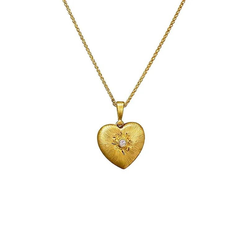 Brushed 925 Sterling Silver Heart Sunburst Pendant Necklace