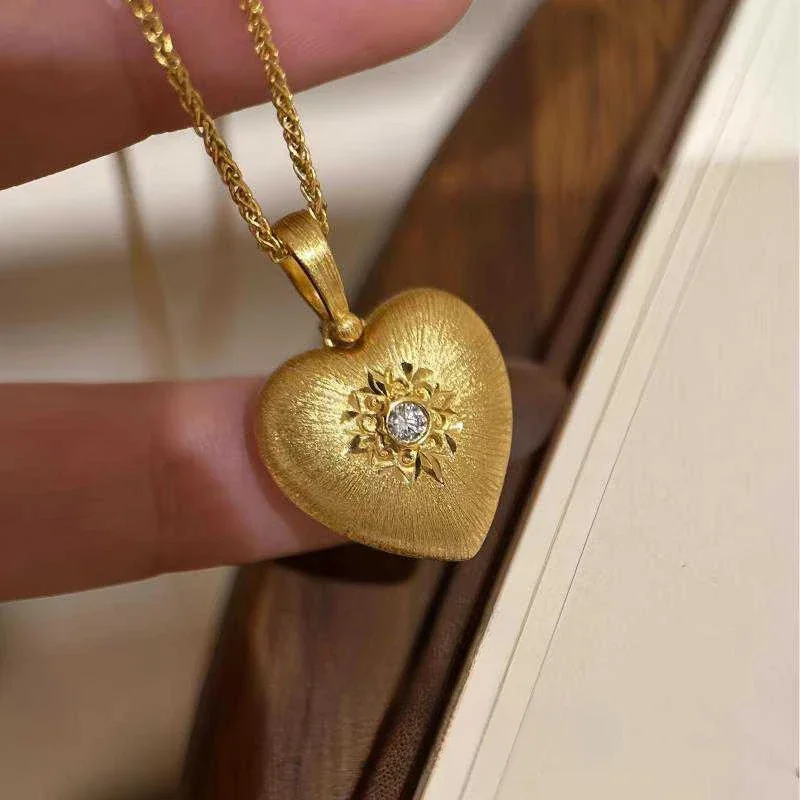 Brushed 925 Sterling Silver Heart Sunburst Pendant Necklace