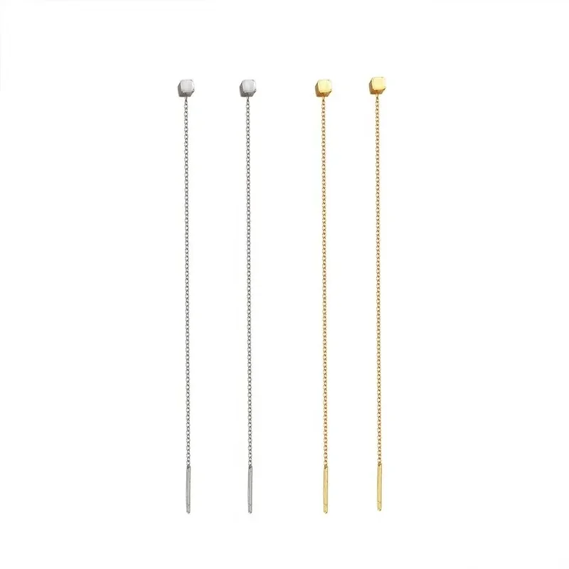 Linear 925 Sterling Silver Cube Stud Chain Drop Earrings