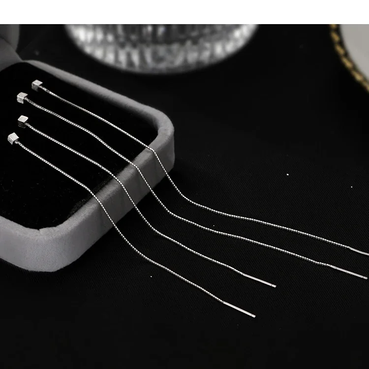 Linear 925 Sterling Silver Cube Stud Chain Drop Earrings