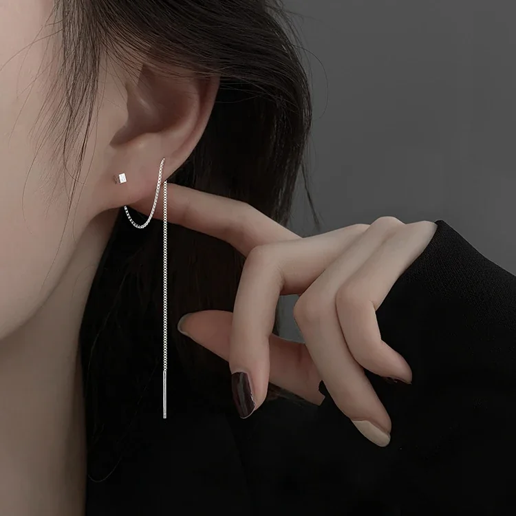 Linear 925 Sterling Silver Cube Stud Chain Drop Earrings