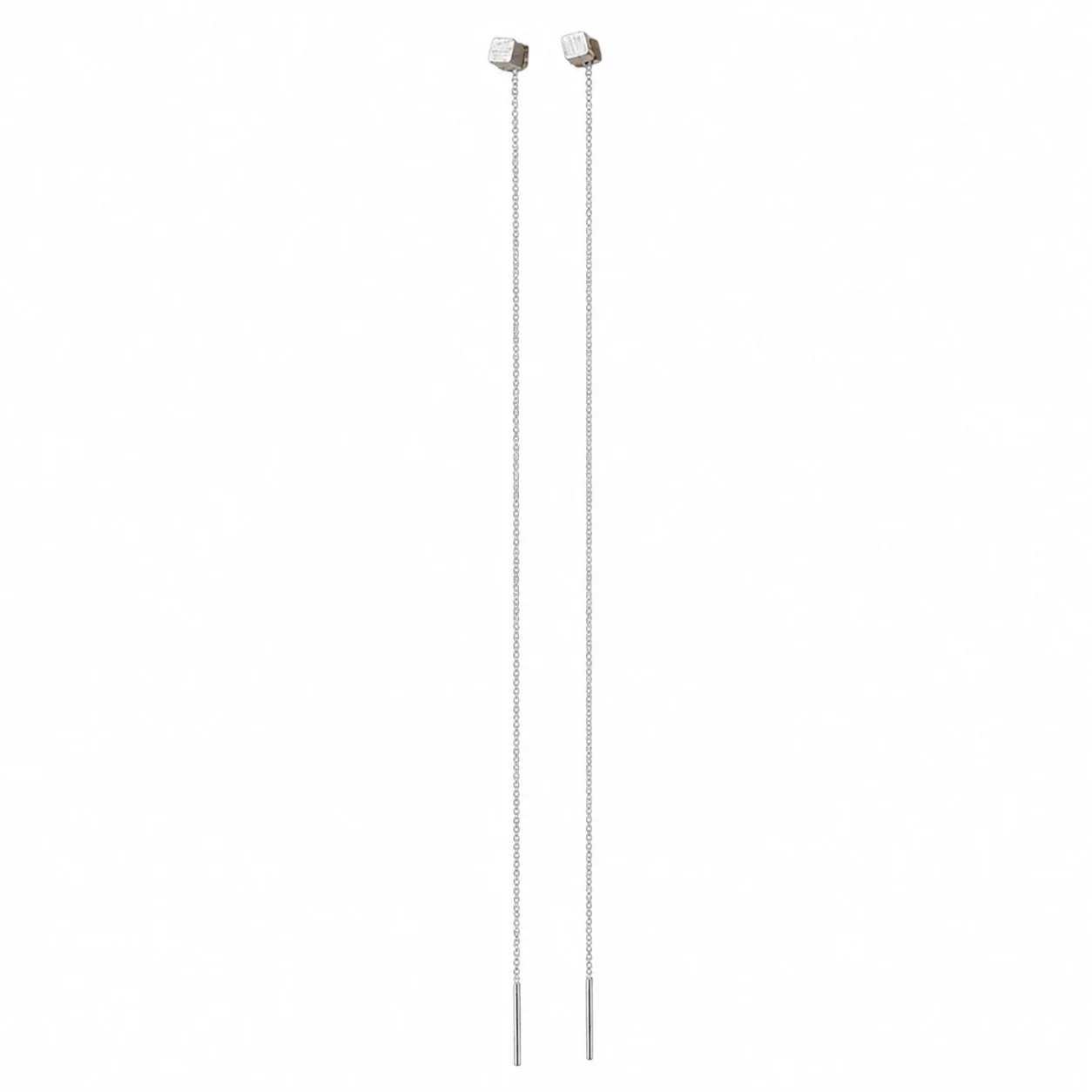 Linear 925 Sterling Silver Cube Stud Chain Drop Earrings