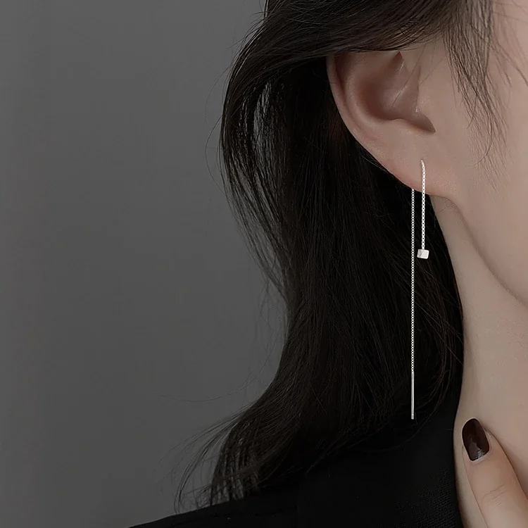 Linear 925 Sterling Silver Cube Stud Chain Drop Earrings