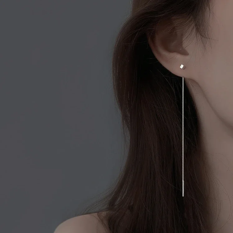 Linear 925 Sterling Silver Cube Stud Chain Drop Earrings - 7 cm
