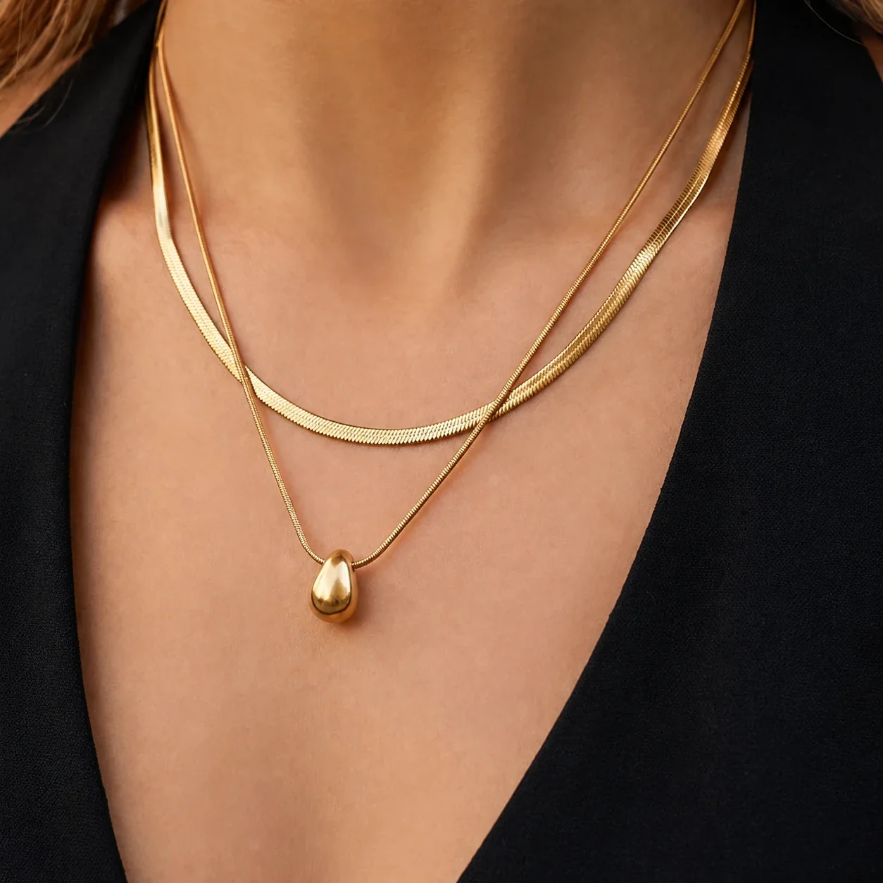 Layered Teardrop 18K Gold-Plated Stainless Steel Pendant Necklace