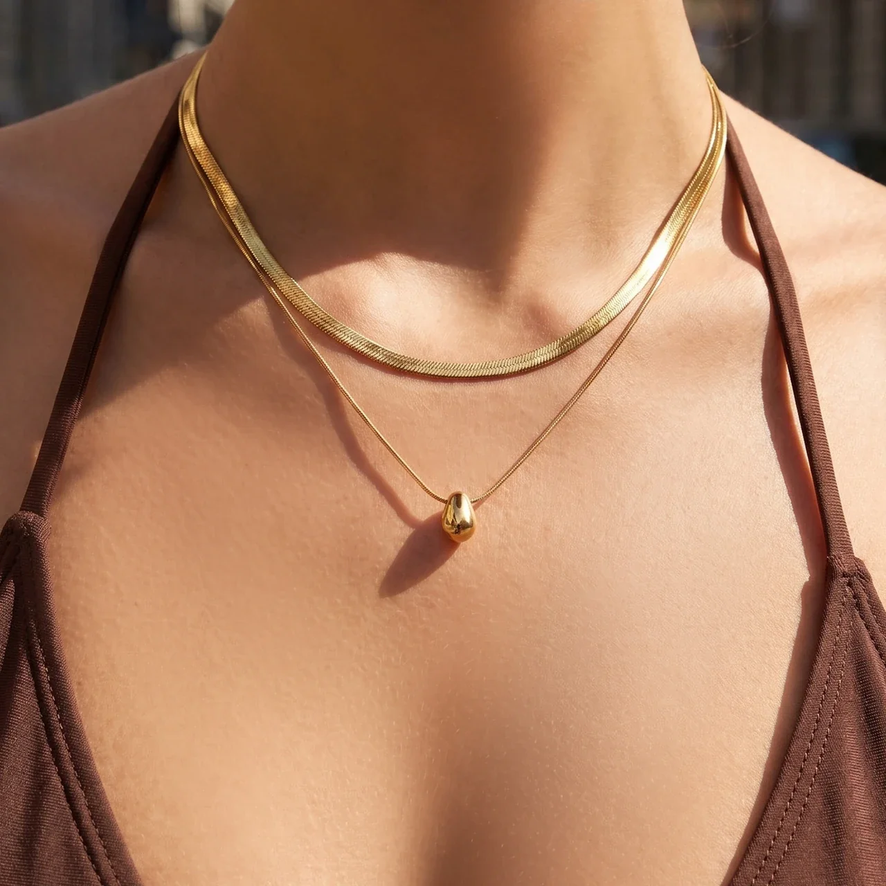 Layered Teardrop 18K Gold-Plated Stainless Steel Pendant Necklace