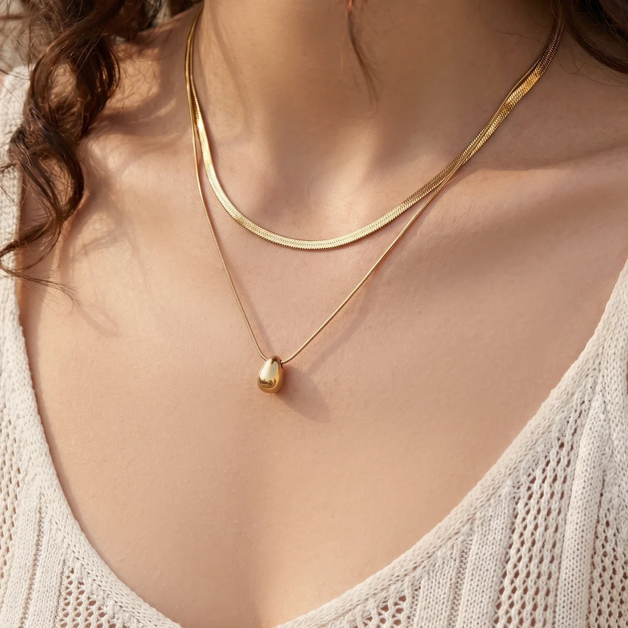 Layered Teardrop 18K Gold-Plated Stainless Steel Pendant Necklace