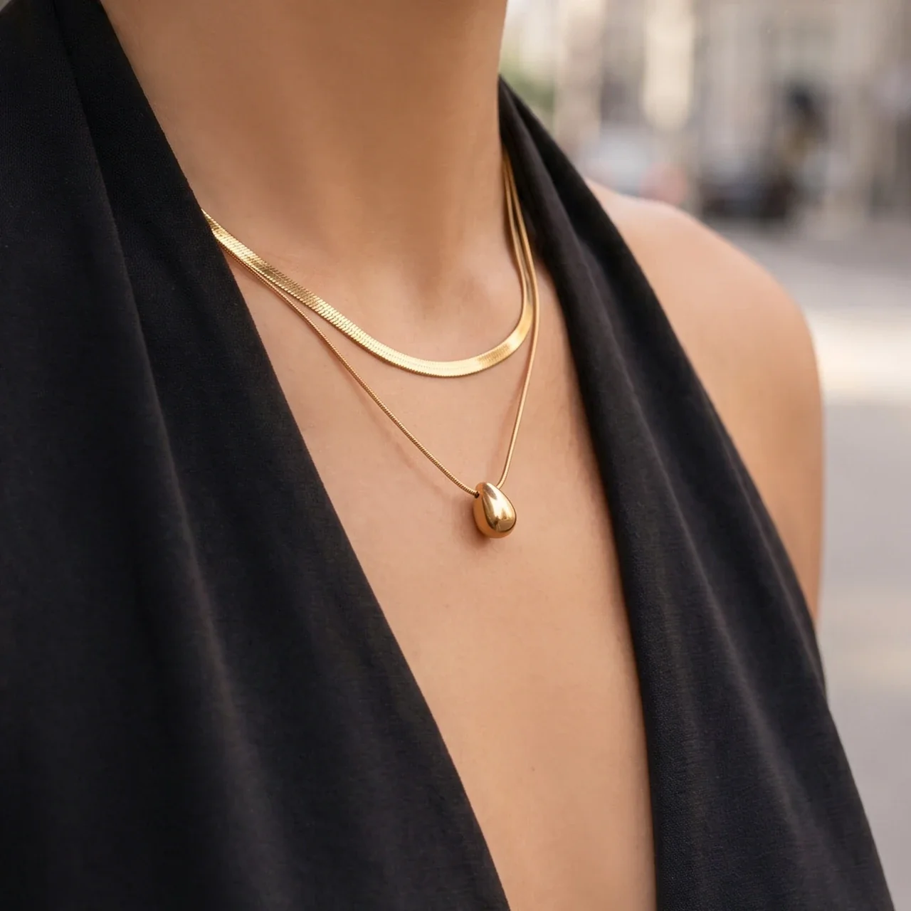 Layered Teardrop 18K Gold-Plated Stainless Steel Pendant Necklace