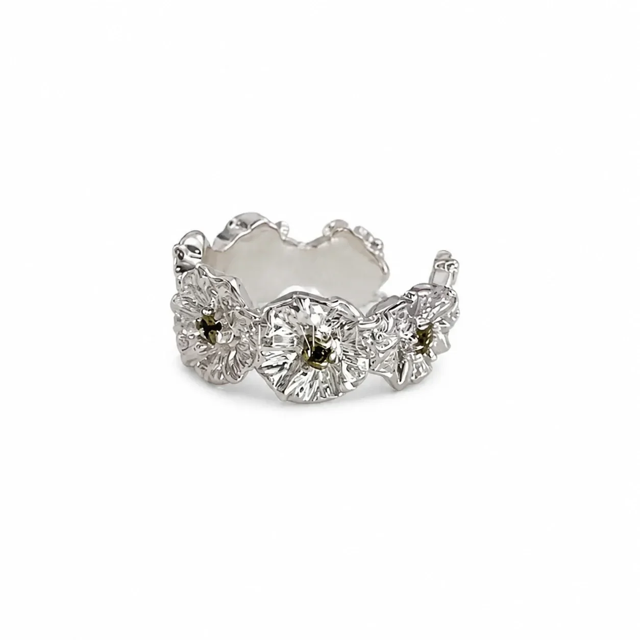 Sculptural Silver-Plated Copper Raised Flower Open Ring
