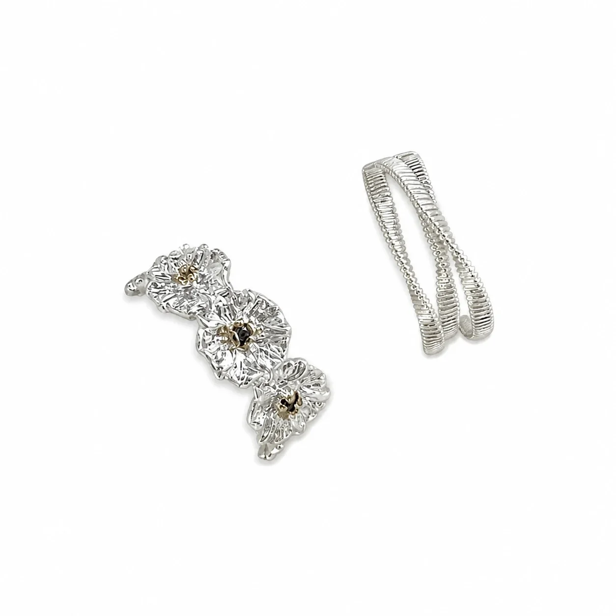 Sculptural Silver-Plated Copper Raised Flower Open Ring