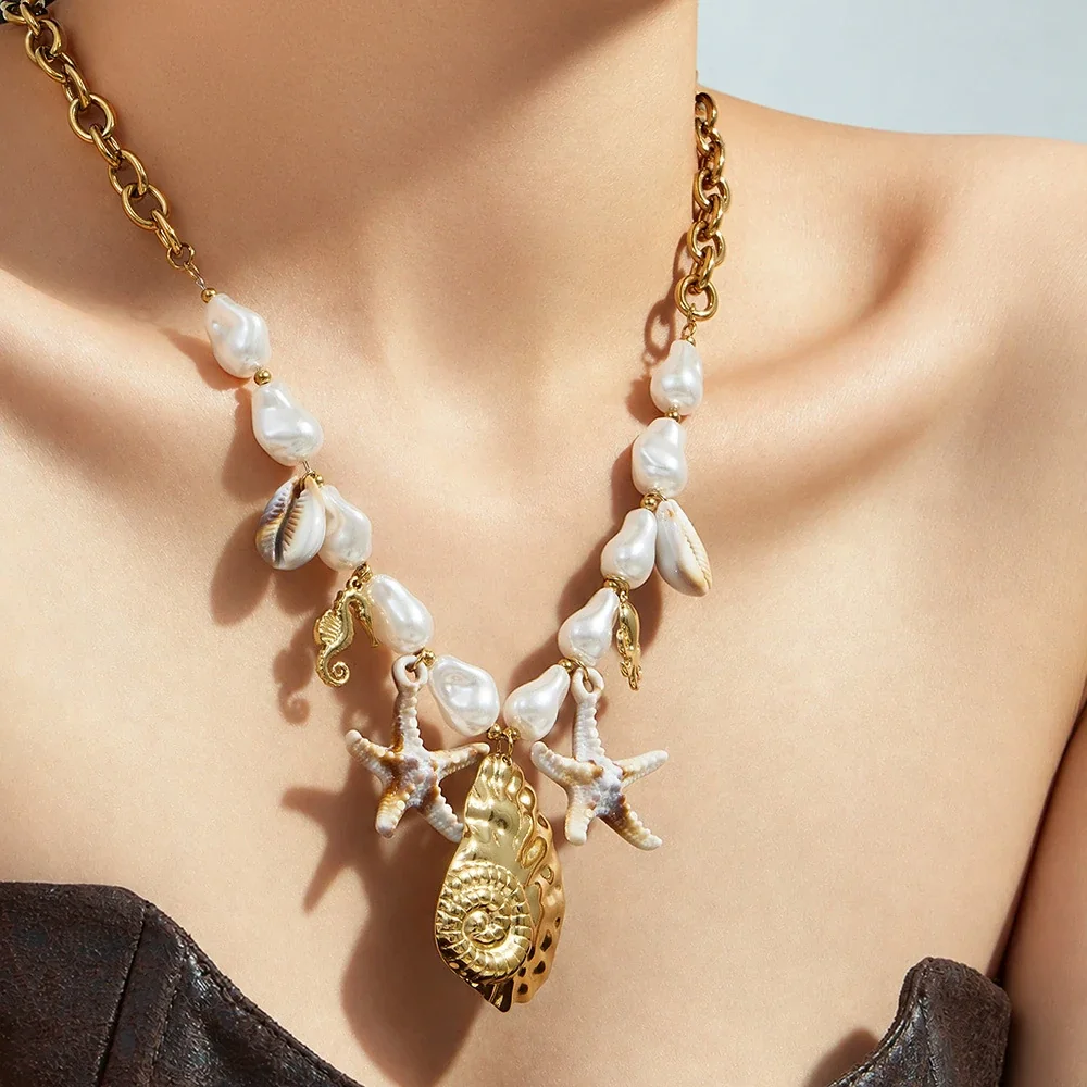 Coastal 18K Gold-Plated Shell Starfish Pearl Necklace