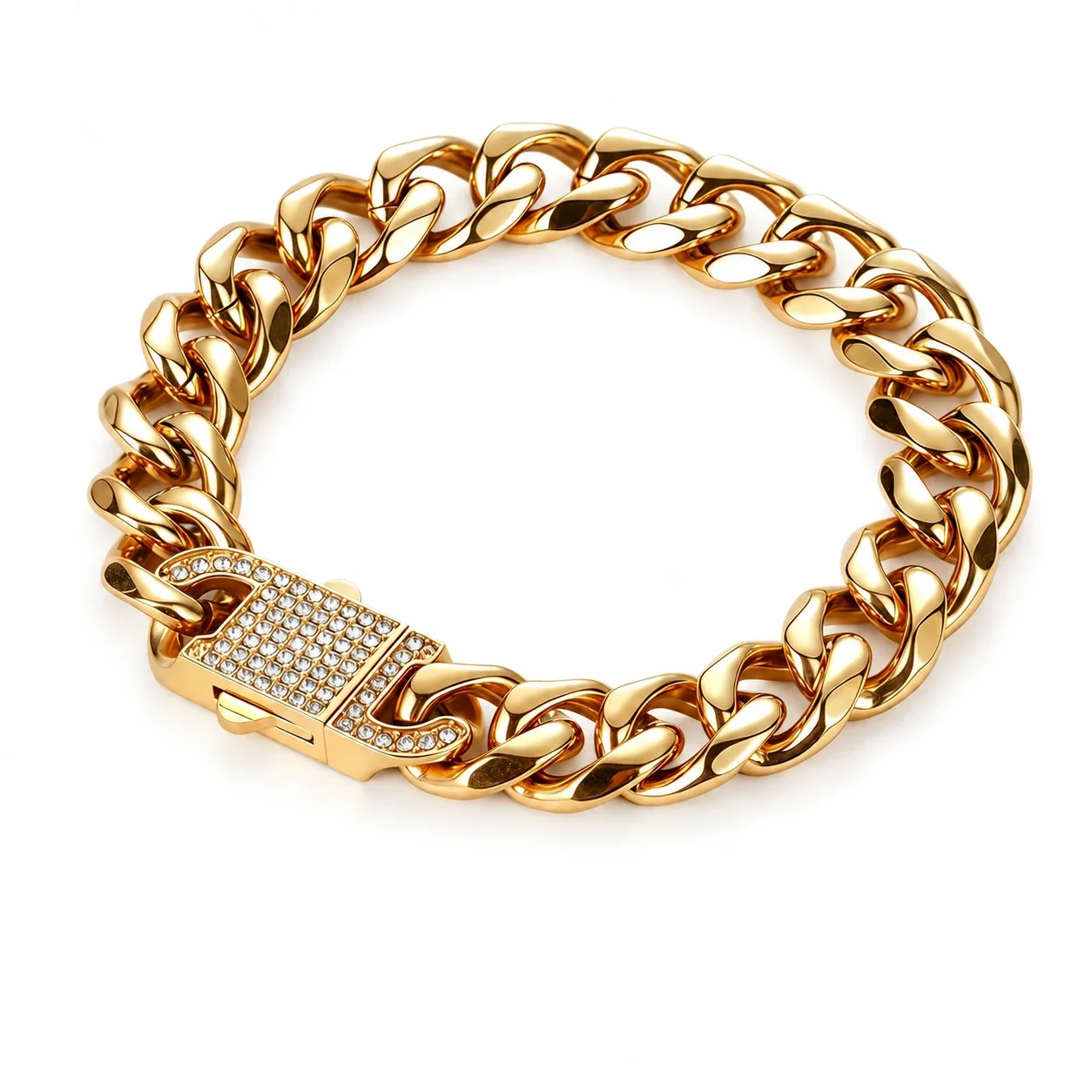 Polished Curb Chain Pavé Clasp Stainless Steel Bracelet