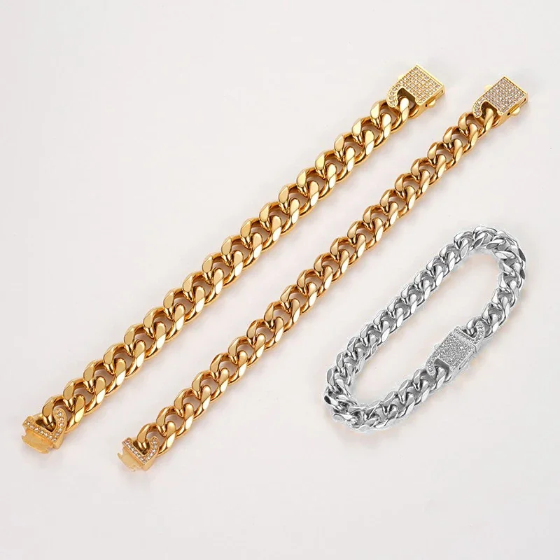 Polished Curb Chain Pavé Clasp Stainless Steel Bracelet