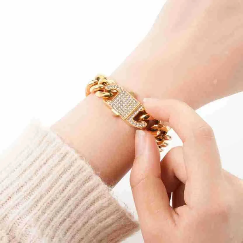 Polished Curb Chain Pavé Clasp Stainless Steel Bracelet