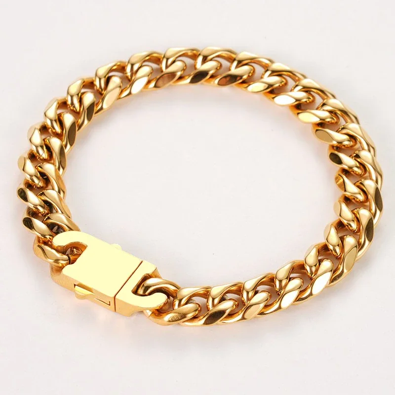 Polished Curb Chain Pavé Clasp Stainless Steel Bracelet - Gold