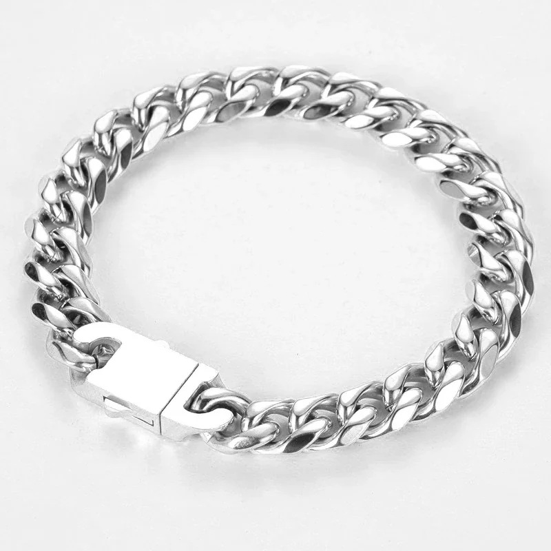 Polished Curb Chain Pavé Clasp Stainless Steel Bracelet - Silver