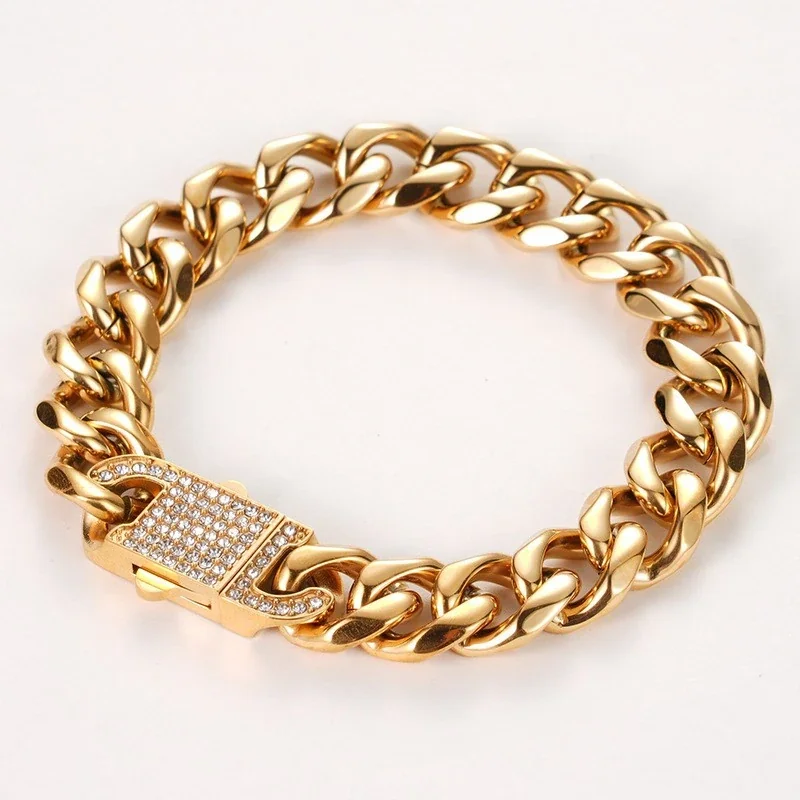 Polished Curb Chain Pavé Clasp Stainless Steel Bracelet - Gold Cubic Zirconia