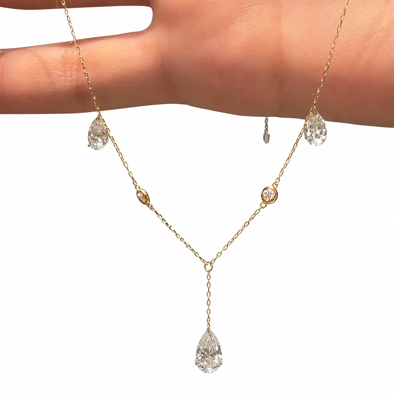 Luminous Teardrop Crystal Copper Gold-Plated Y Necklace