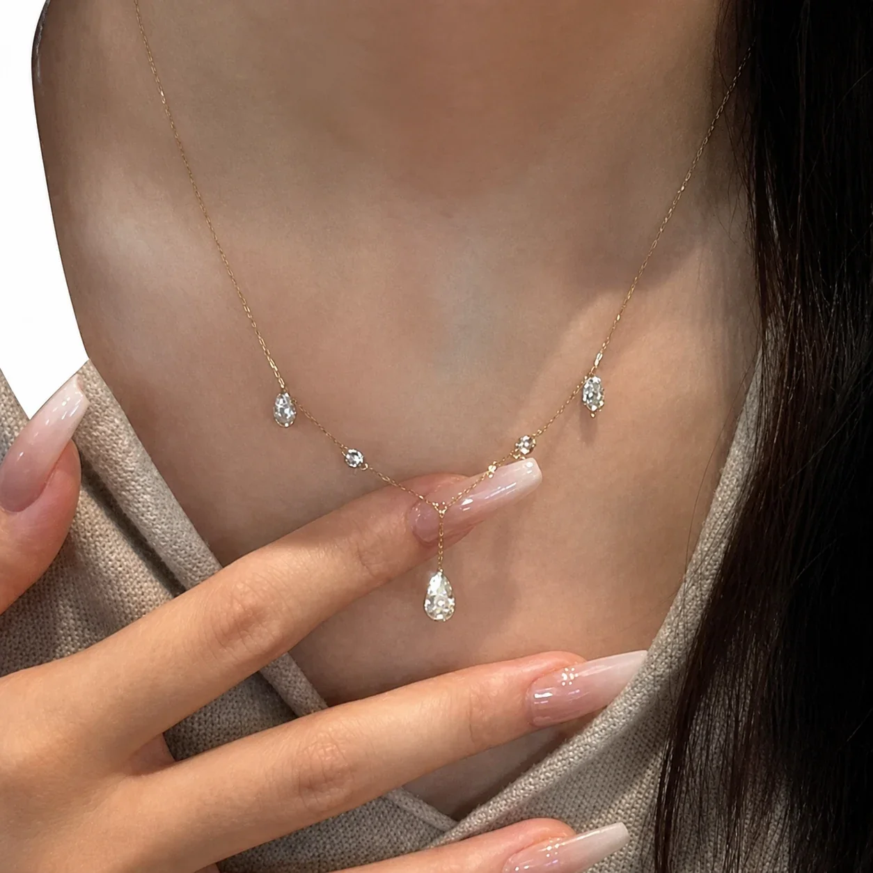 Luminous Teardrop Crystal Copper Gold-Plated Y Necklace