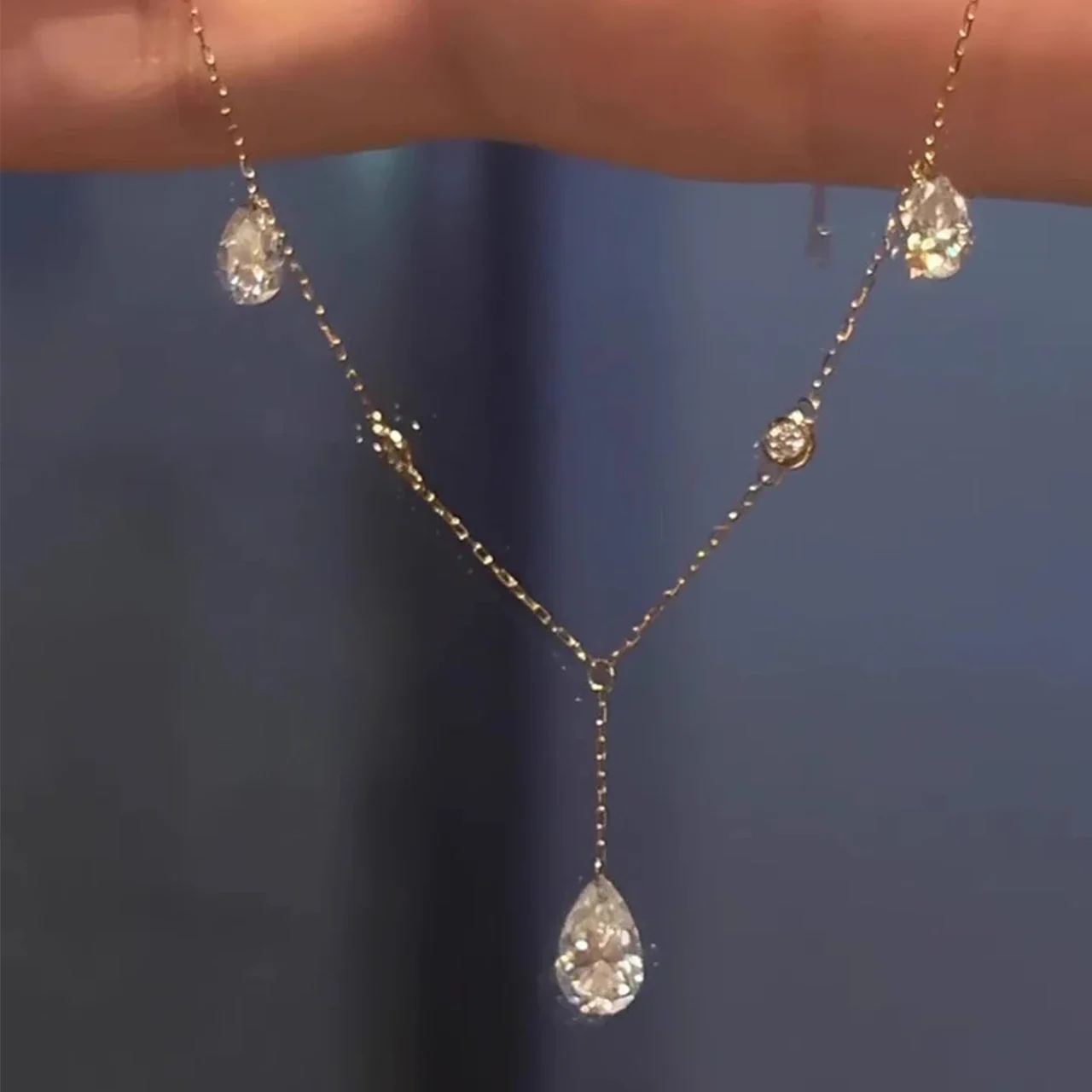 Luminous Teardrop Crystal Copper Gold-Plated Y Necklace
