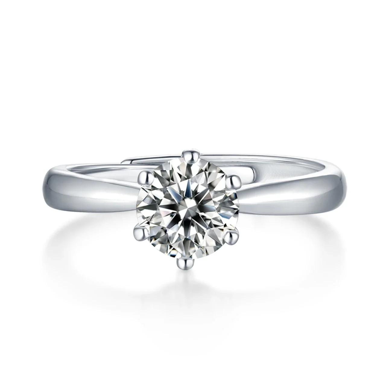 Polished 925 Sterling Silver Six-Prong Round Moissanite Ring
