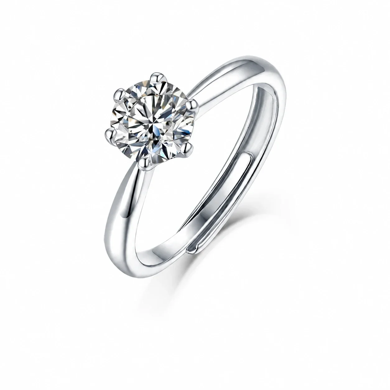 Polished 925 Sterling Silver Six-Prong Round Moissanite Ring