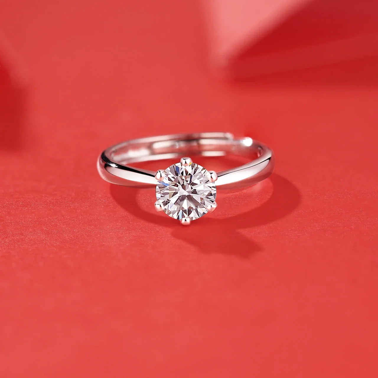 Polished 925 Sterling Silver Six-Prong Round Moissanite Ring