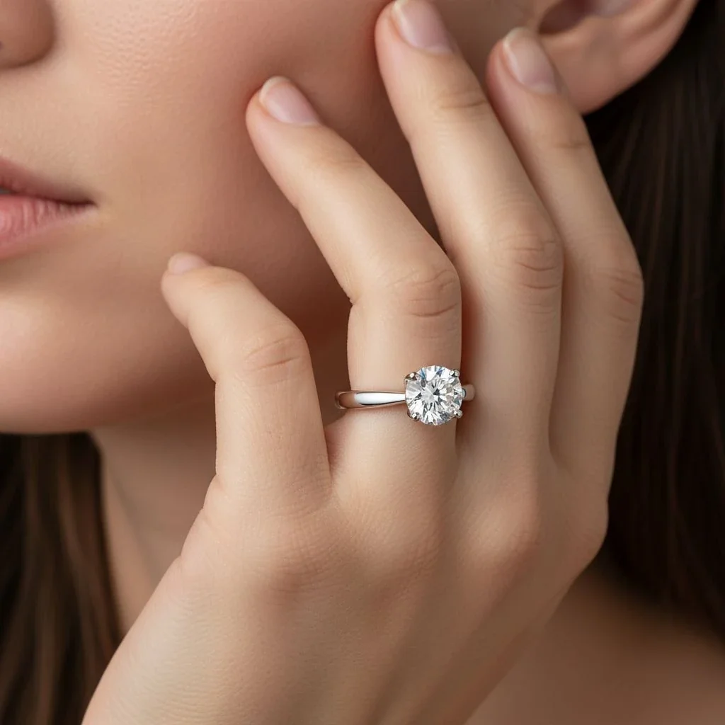 Polished 925 Sterling Silver Six-Prong Round Moissanite Ring