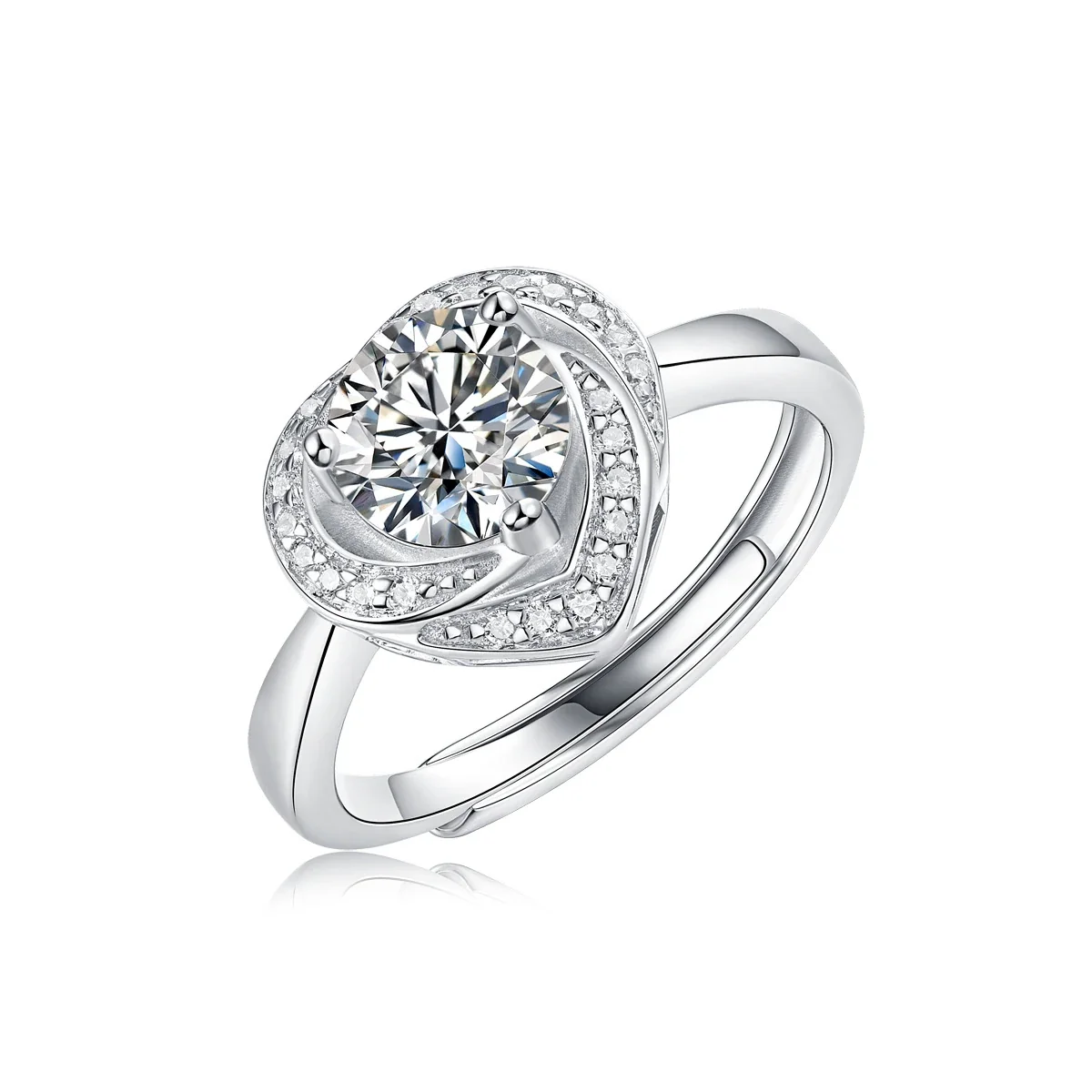 Polished 925 Sterling Silver Six-Prong Round Moissanite Ring - Heartbud 1 ct