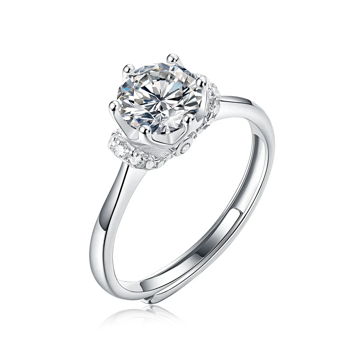 Polished 925 Sterling Silver Six-Prong Round Moissanite Ring - Veil 1 ct