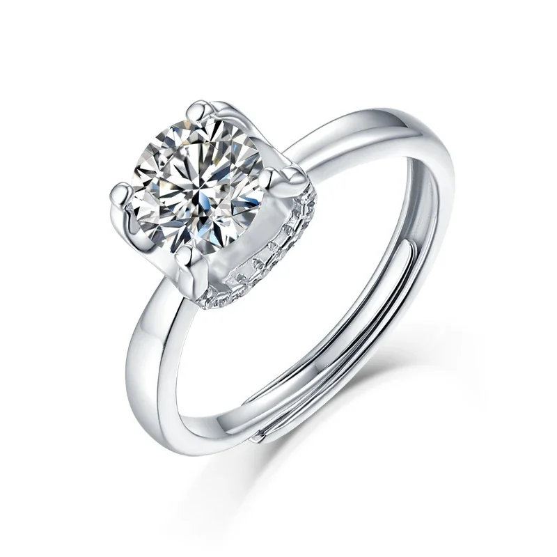 Polished 925 Sterling Silver Six-Prong Round Moissanite Ring - Faceted Square 1 ct