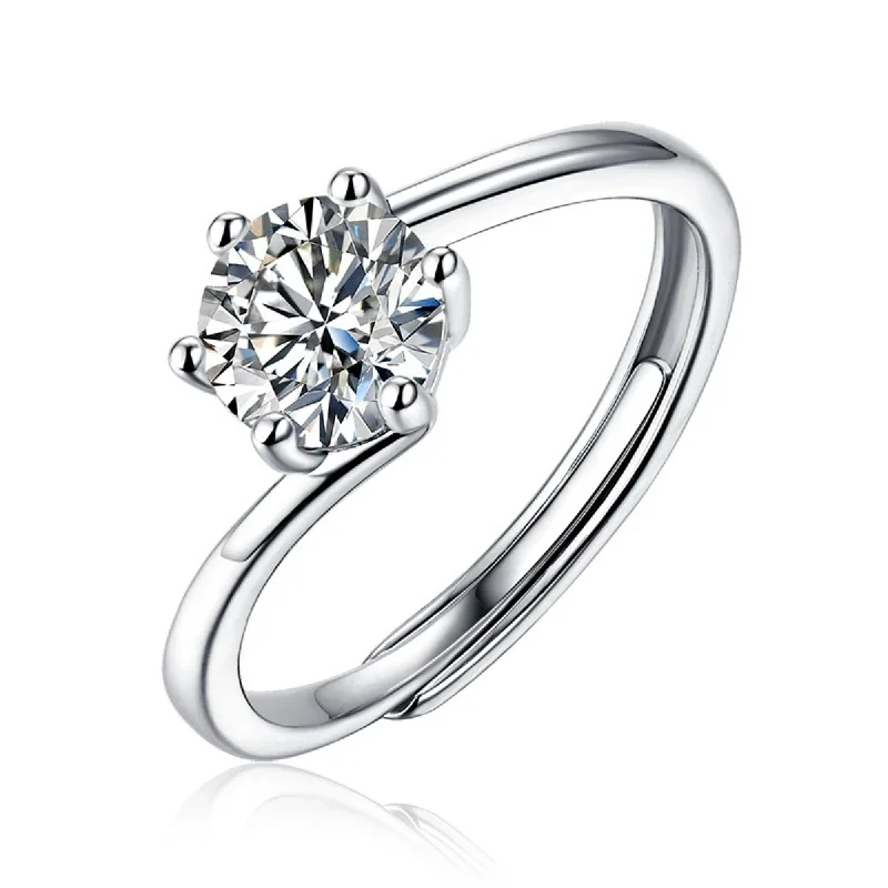 Polished 925 Sterling Silver Six-Prong Round Moissanite Ring - Cherished Love 1 ct