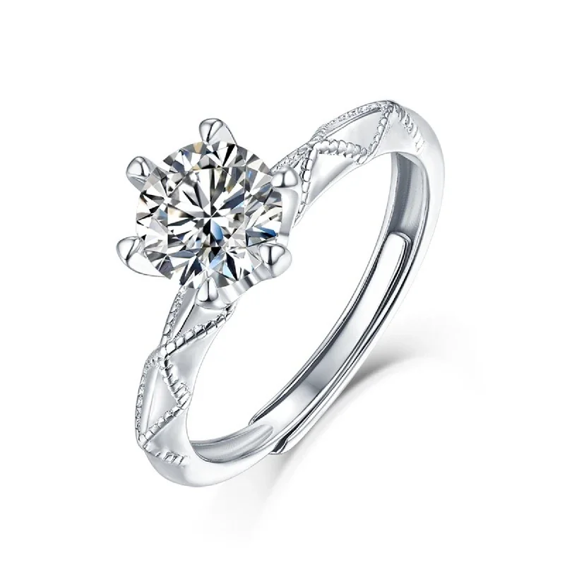 Polished 925 Sterling Silver Six-Prong Round Moissanite Ring - Love Vow 1 ct