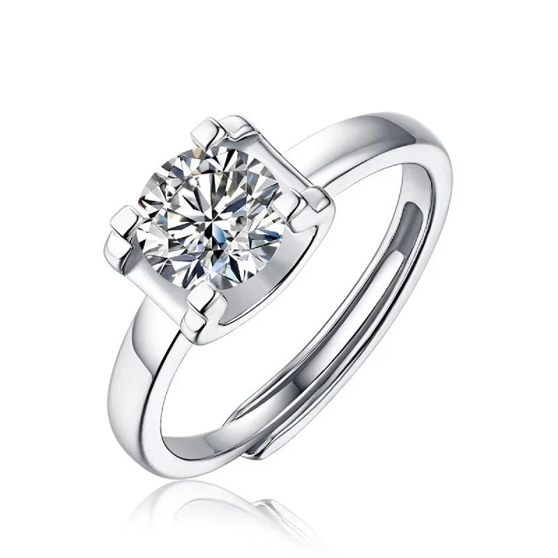 Polished 925 Sterling Silver Six-Prong Round Moissanite Ring - Bull Head 1 ct