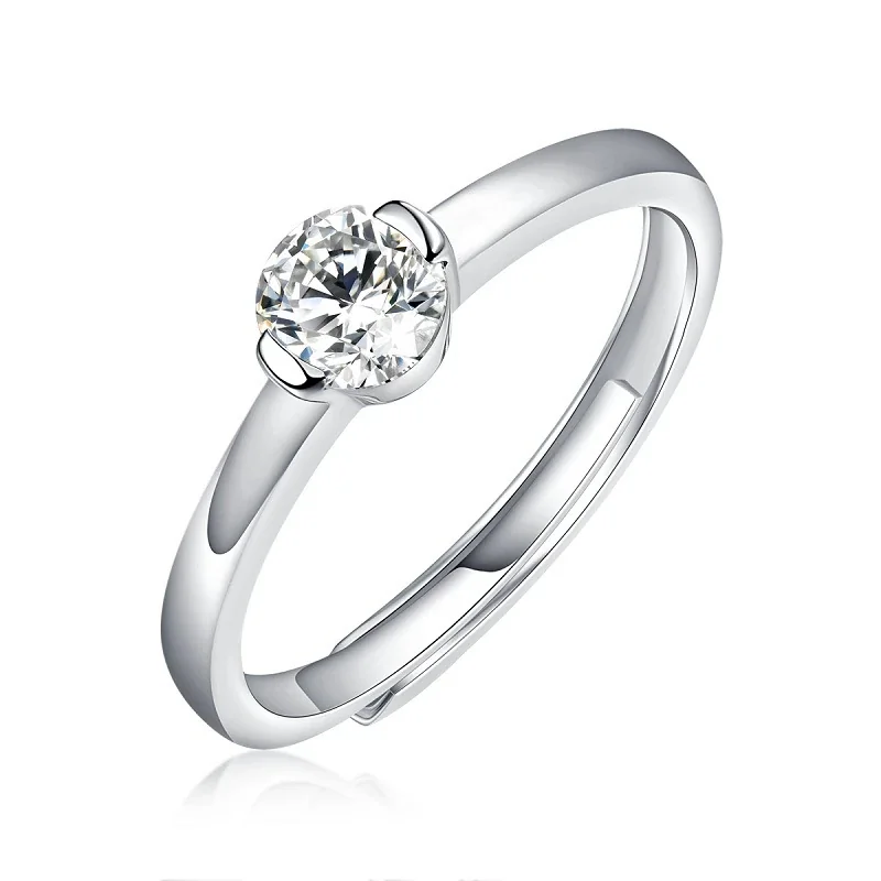 Polished 925 Sterling Silver Six-Prong Round Moissanite Ring - Pure Heart 1 ct