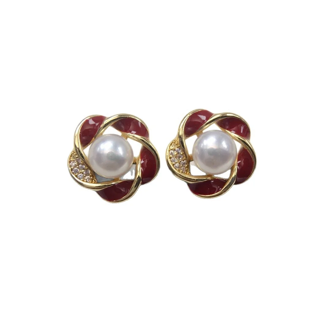 Ornate Gold-Plated Red Petal Pearl Pavé Stud Earrings