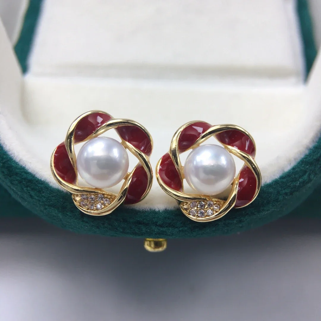 Ornate Gold-Plated Red Petal Pearl Pavé Stud Earrings