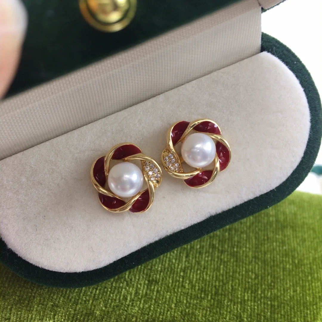 Ornate Gold-Plated Red Petal Pearl Pavé Stud Earrings