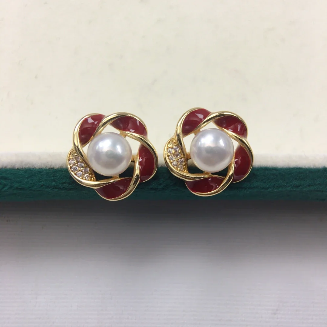 Ornate Gold-Plated Red Petal Pearl Pavé Stud Earrings