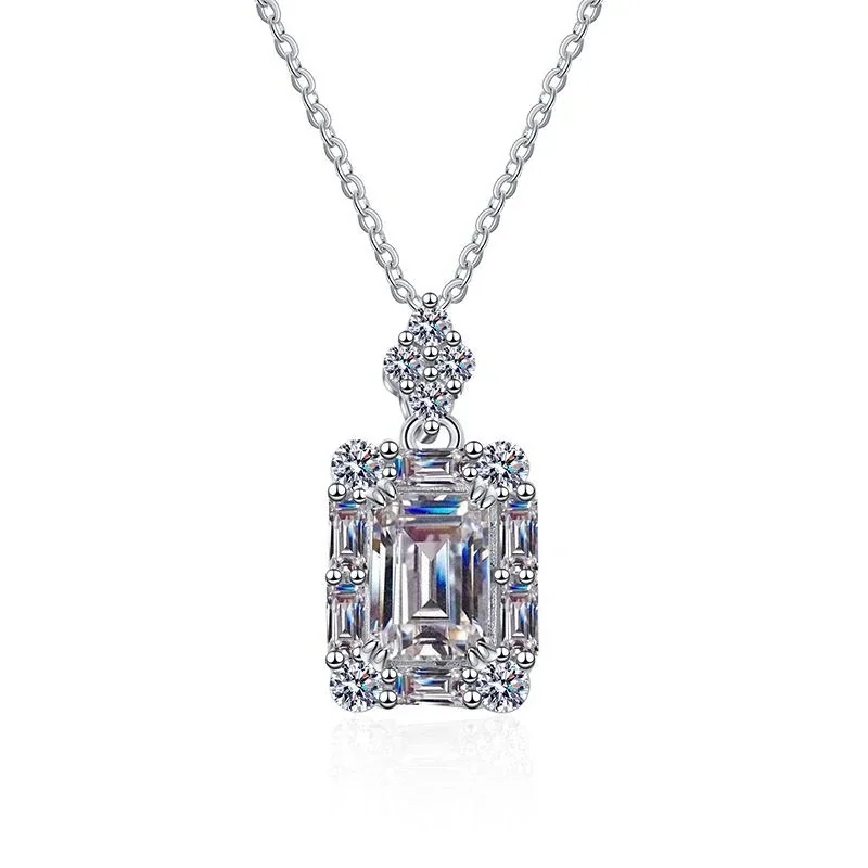 Refined Emerald-Cut Halo 925 Sterling Silver Pendant Necklace