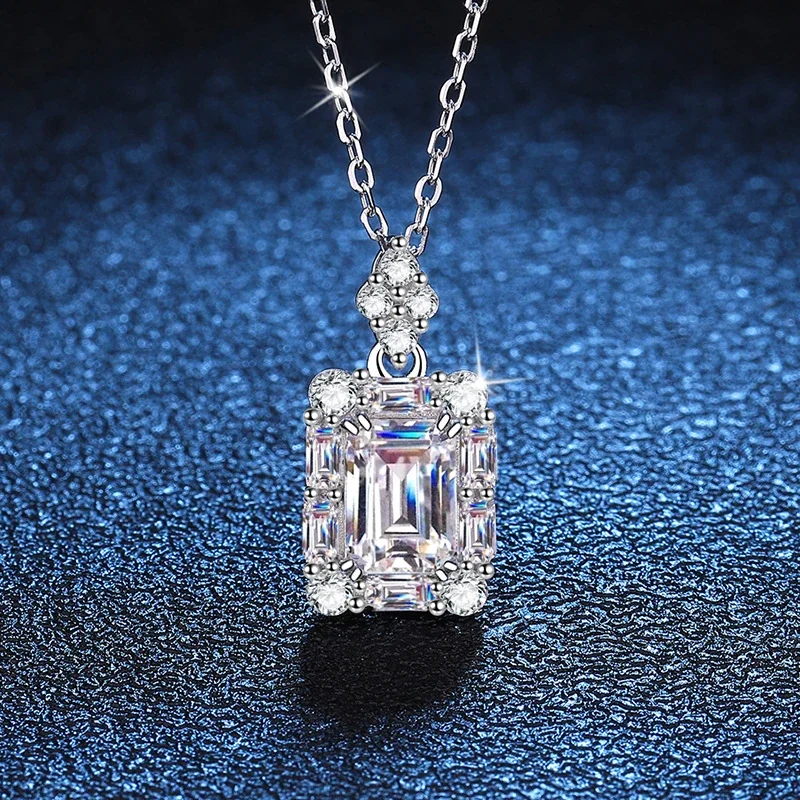 Refined Emerald-Cut Halo 925 Sterling Silver Pendant Necklace