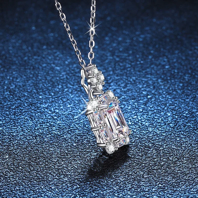 Refined Emerald-Cut Halo 925 Sterling Silver Pendant Necklace