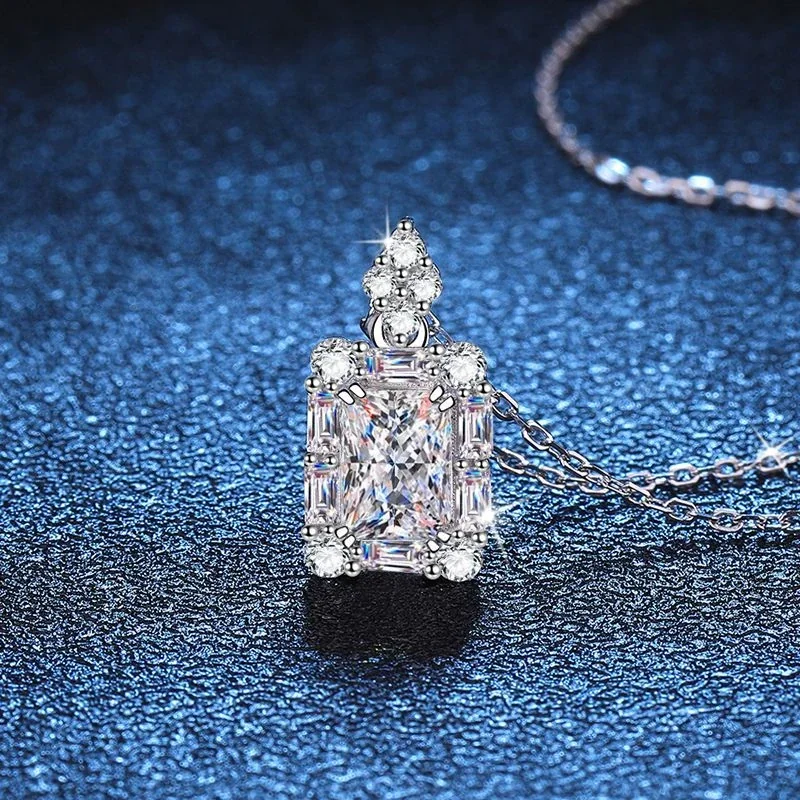 Refined Emerald-Cut Halo 925 Sterling Silver Pendant Necklace - Silver ct Radiant Cut Moissanite