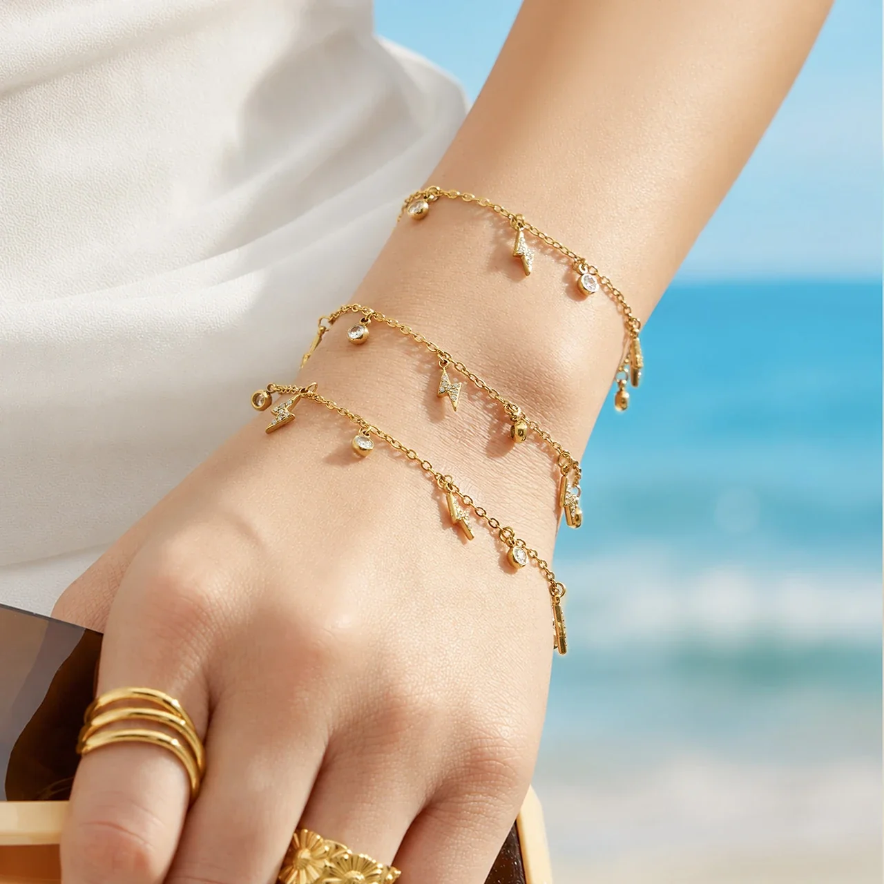 Dainty Gold-Plated CZ Lightning Charm Bracelet