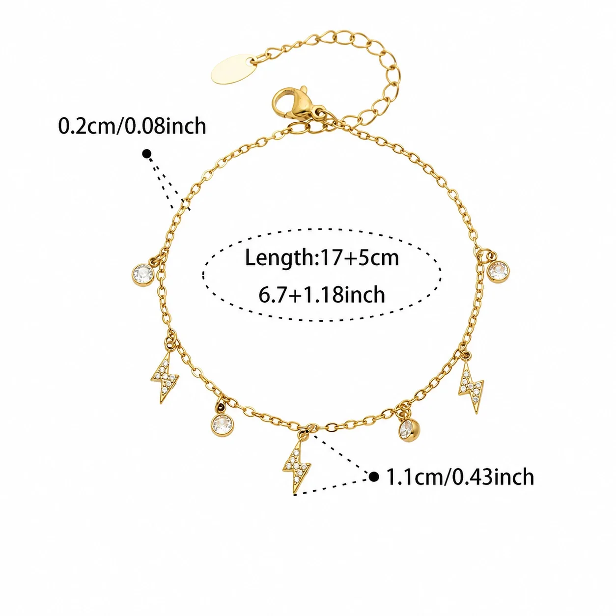 Dainty Gold-Plated CZ Lightning Charm Bracelet - Gold Lightning CZ 17+5 cm