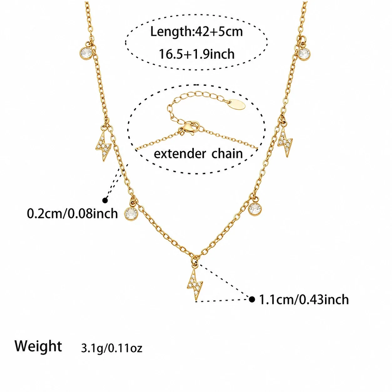 Dainty Gold-Plated CZ Lightning Charm Bracelet - Gold Lightning CZ 42+5 cm