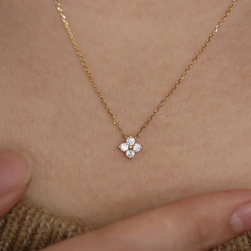 Petite Clover Round CZ 925 Sterling Silver Necklace - Gold